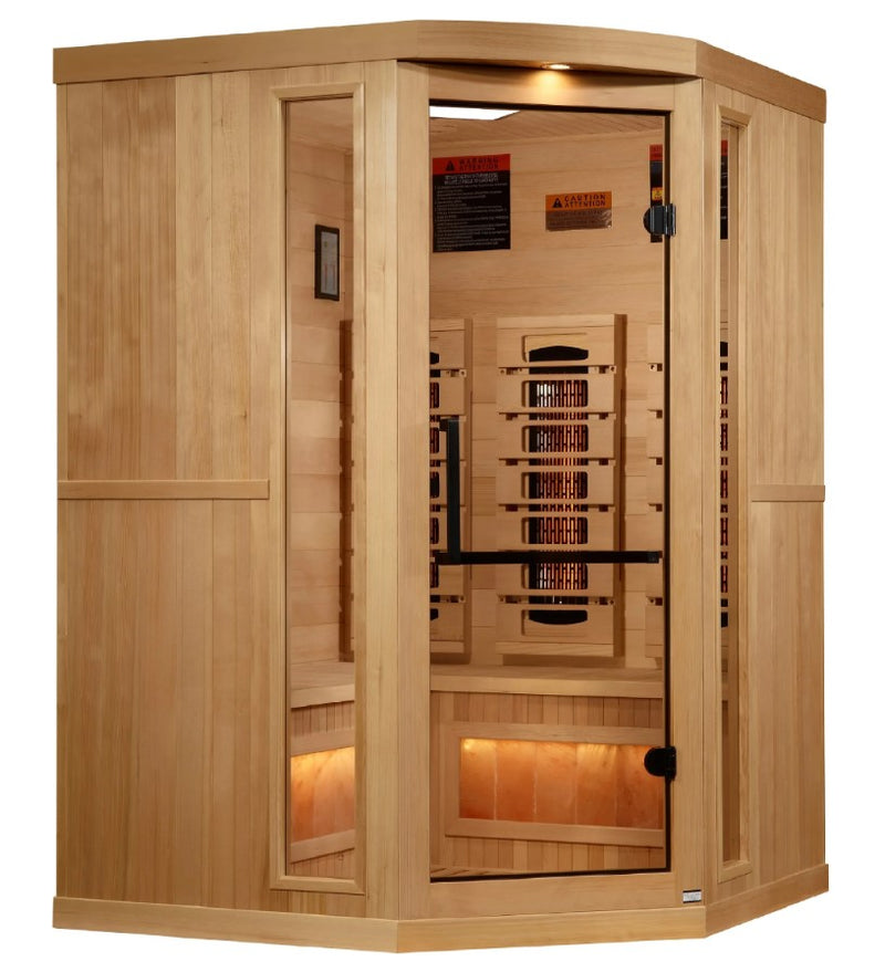 Golden Designs Reserve Edition 3-Person Full Spectrum EMF Corner Indoor Sauna With Himalayan Salt Bar | GDI-8035-03