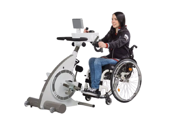 Side View Of A Woman In A Wheelchair Using The Kinetec Kinevia Duo Active Passive Trainer 