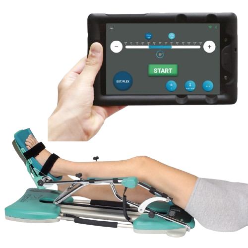 Side View Of A Woman Using The Kinetec Spectra Kompanion Knee CPM Machine And Separate Image Of Tablet
