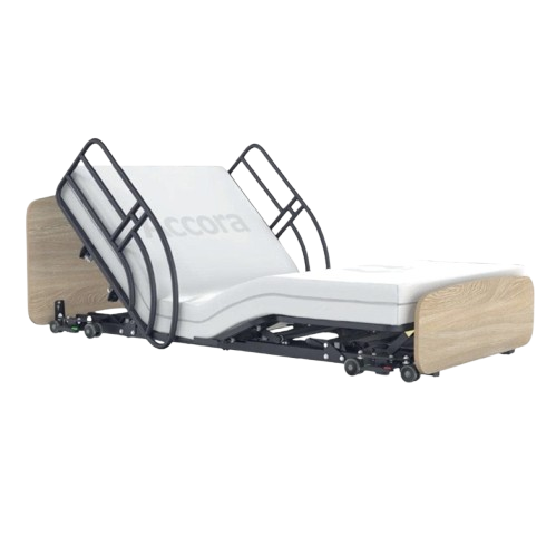 Side View Of The Accora Empresa 12-Function Hi-Low Adjusting Nursing Bed Shown In Arc Design With Two Long Half Rails And Oak Wood Finish