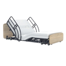 Side View Of The Accora Empresa 12-Function Hi-Low Adjusting Nursing Bed Shown In Arc Design With Two Long Half Rails And Oak Wood Finish