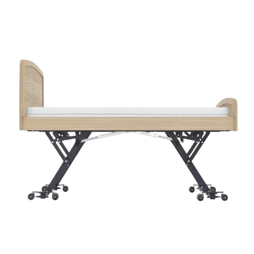 Side View Of The Accora Empresa 12-Function Hi-Low Adjusting Nursing Bed Shown In Skandi Design In The Elevated Height Position And Oak Wood Finish