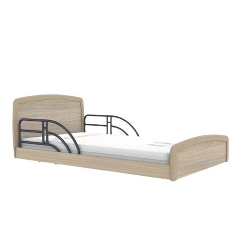 Side View Of The Accora Empresa 12-Function Hi-Low Adjusting Nursing Bed Shown In Skandi Design With Two Long Half Rails And Oak Wood Finish