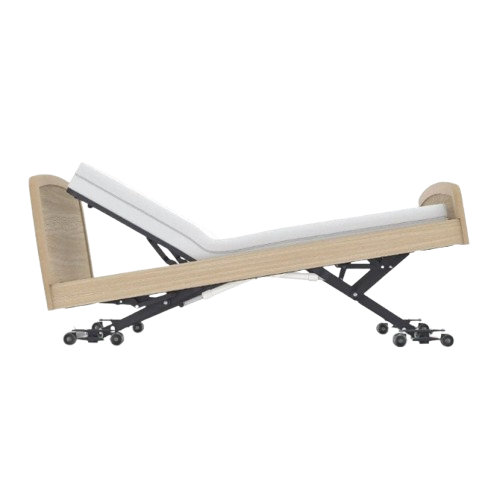 Side View Of The Accora Empresa 12-Function Hi-Low Adjusting Nursing Bed Shown In Skandi Design In The Elevated Position And Oak Wood Finish