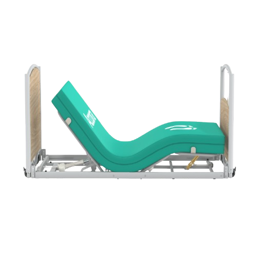 Side View Of The Accora FloorBed Ultra Low Adjustable Bed In The Elevated Head And Feet Position