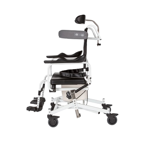 Side View Of The ActiveAid 285TR Shower Commode Tilt-In-Space Chair Shown With White Frame Package