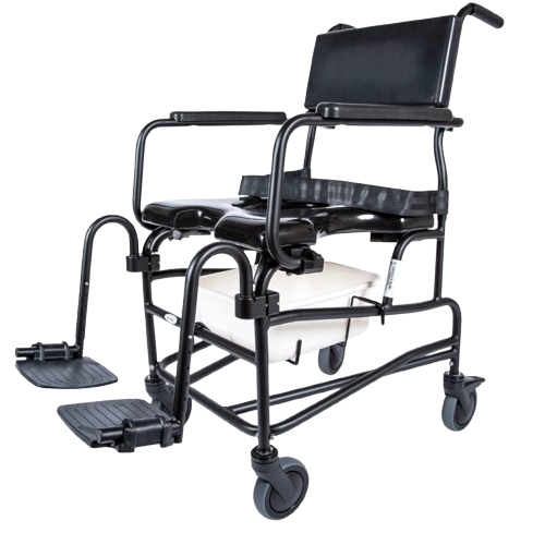 Side View Of The ActiveAid 600 Shower Commode Chair Shown With Black Frame And Package