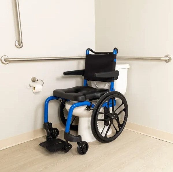 Side View Of The ActiveAid SC Self-Propelled Shower Commode Chair Shown With Blue Frame Color And In A Bathroom Setting
