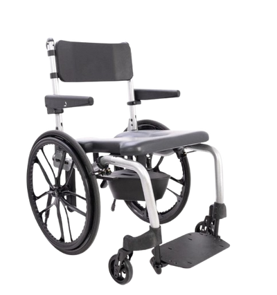 Side View Of The ActiveAid SC Self-Propelled Shower Commode Chair Shown With White Frame Color