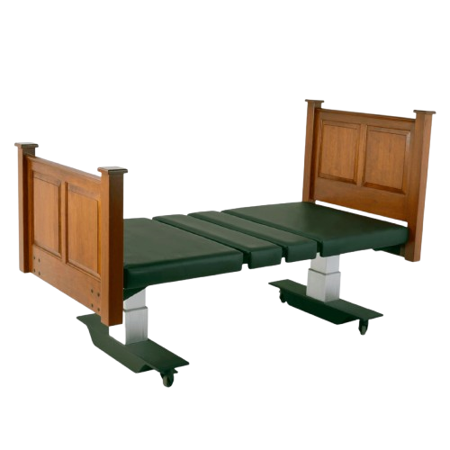 Side View Of The Assured Comfort Mobile Hi Low Adjustable Bed In The Elevated Height Position Shown In Natural Oak Finish Raised Panel Headboard And Footboard