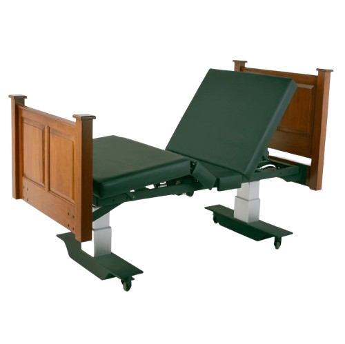 Side View Of The Assured Comfort Mobile Hi Low Adjustable Bed In The Elevated Height Position With Articulation Shown In Natural Oak Finish Raised Panel Headboard And Footboard