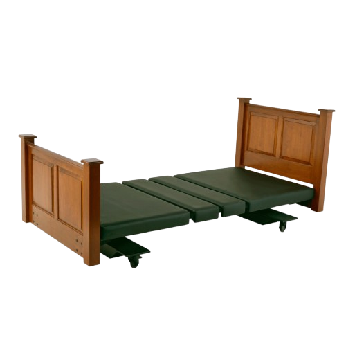 Side View Of The Assured Comfort Mobile Hi Low Adjustable Bed In The Flat Height Position Shown In Natural Oak Finish Raised Panel Headboard And Footboard