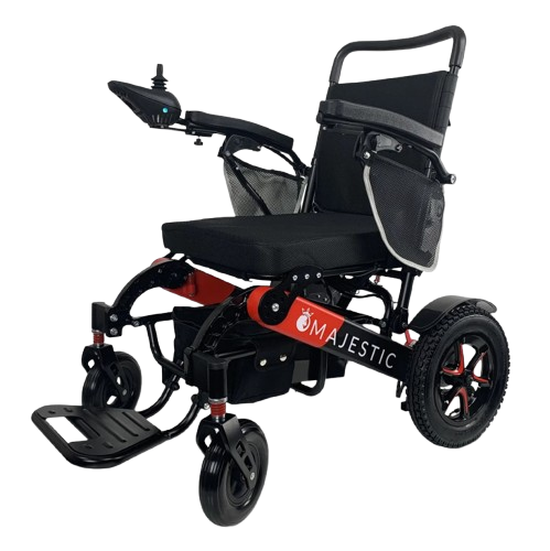 Side View Of The ComfyGo IQ 7000 Electric Wheelchair Shown With Standard Cushion Color And Black And Red Frame Color