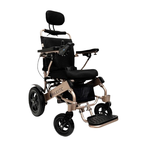 Side View Of The ComfyGo IQ 9000 Electric Wheelchair Shown In Standard Colored Cushions And Bronze Frame