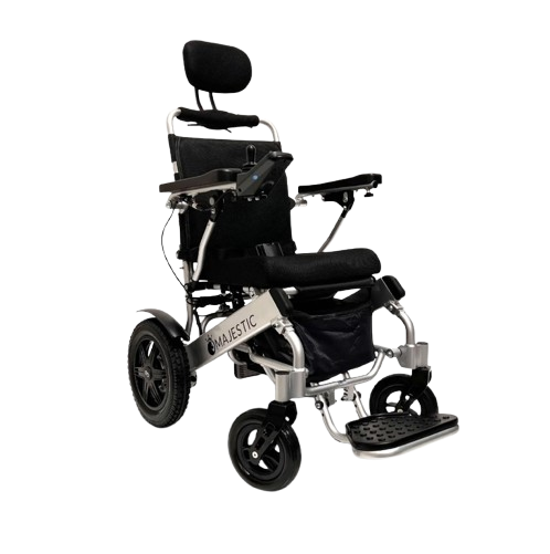 Side View Of The ComfyGo IQ 9000 Electric Wheelchair Shown In Standard Colored Cushions And Silver Frame