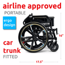 Side View Of The ComfyGo X1 Wheelchair Shown In Black Frame Color And Special Edition Model In The Folded Position With Airline Approved Text