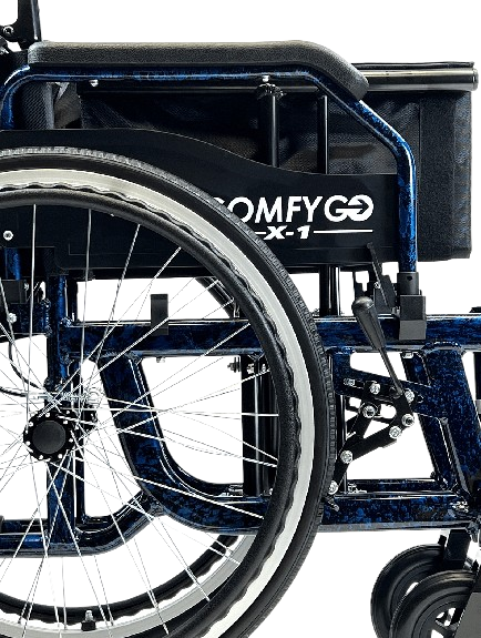 Side View Of The ComfyGo X1 Wheelchair Shown In Blue Frame Color And Standard Model With 'COMFYGO X-1' Branding