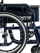 Side View Of The ComfyGo X1 Wheelchair Shown In Blue Frame Color And Standard Model With 'COMFYGO X-1' Branding