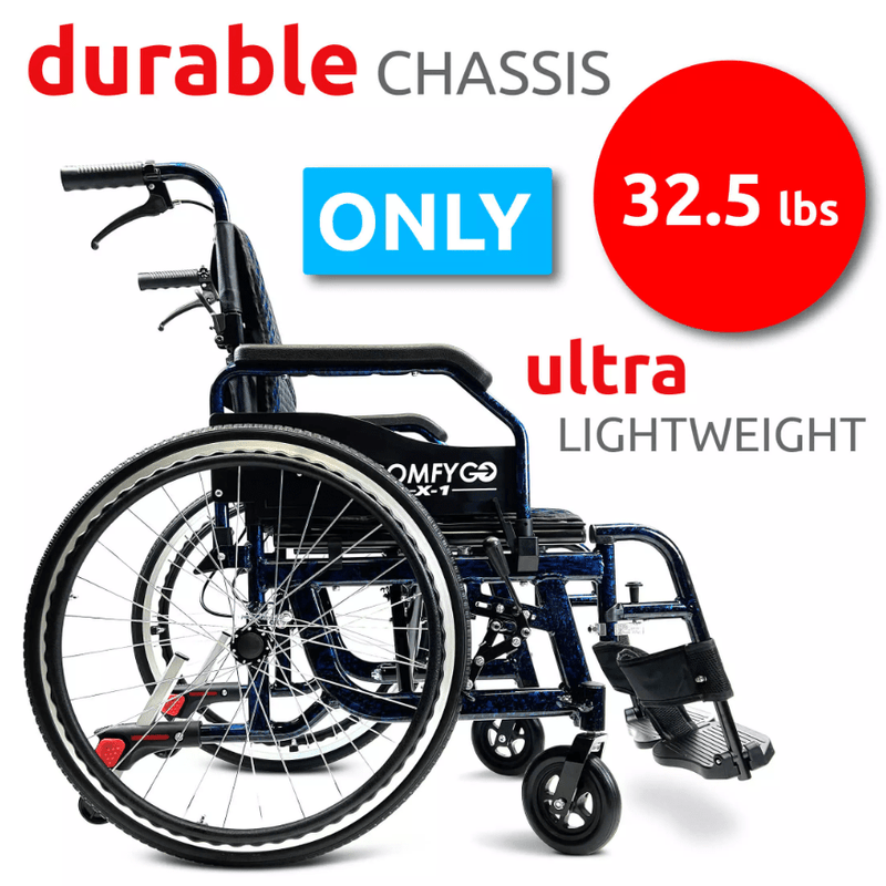 Side View Of The ComfyGo X1 Wheelchair Shown In Blue Frame Color And Standard Model With Durable Chassis Text