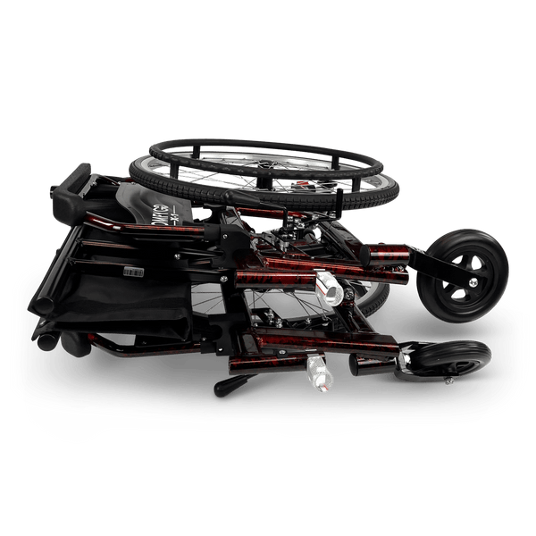 Side View Of The ComfyGo X1 Wheelchair Shown In Red Frame Color And Special Edition Model In The Folded Position