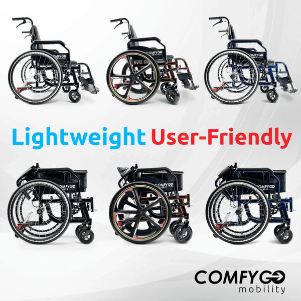 Side View Of The ComfyGo X1 Wheelchair Shown With Multiple Versions Of The X1 Wheelchair