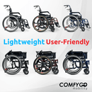 Side View Of The ComfyGo X1 Wheelchair Shown With Multiple Versions Of The X1 Wheelchair