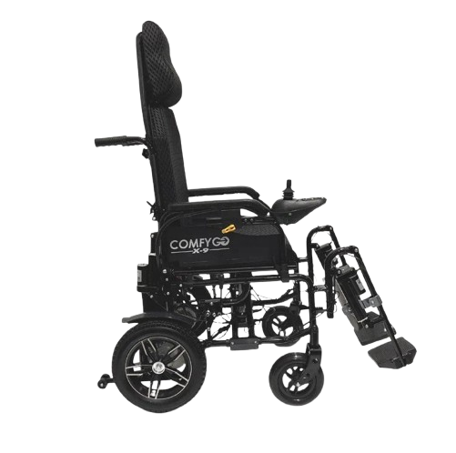 Side View Of The ComfyGo X9 Electric Wheelchair Shown In Black Colored Cushions