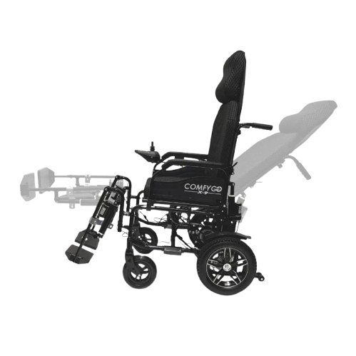 Side View Of The ComfyGo X9 Electric Wheelchair Shown In Black Colored Cushions Demonstrating Its Recline Capabilities 