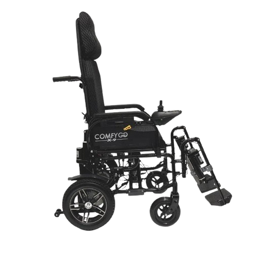 Side View Of The ComfyGo X9 Electric Wheelchair Shown In Black Colored Cushions