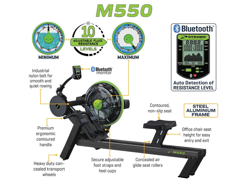 Side View Of The Dynamic Fluid Fitness M550 Rower Shown With Descriptions Of Its Key Features