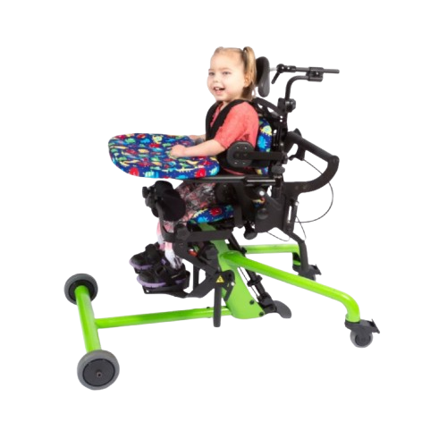 Side View Of The EasyStand Bantam Extra Small Standing Frame Shown In Green Color With Child Using The Device