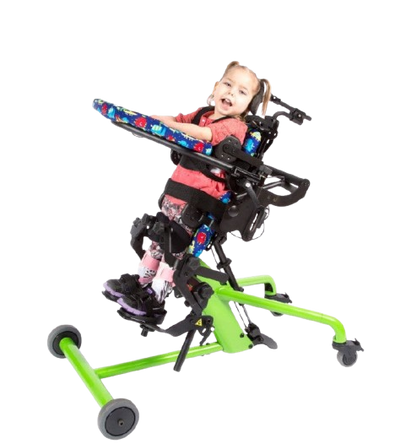 Side View Of The EasyStand Bantam Extra Small Standing Frame Shown In Green Color With Child Using The Device In Supine Position