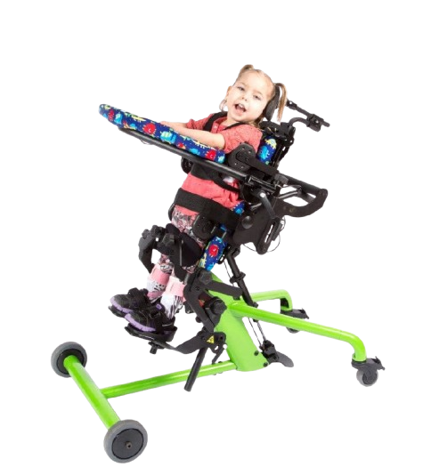 Side View Of The EasyStand Bantam Small Standing Frame Shown In Green Color With Child Using The Device In The Supine Position
