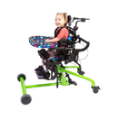 Side View Of The EasyStand Bantam Small Standing Frame Shown In Green Color With Child Using The Device