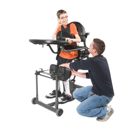 Side View Of The EasyStand Evolv Large Shown With Young Adult Using The Stander With Middle Aged Man Kneeling Next To Him