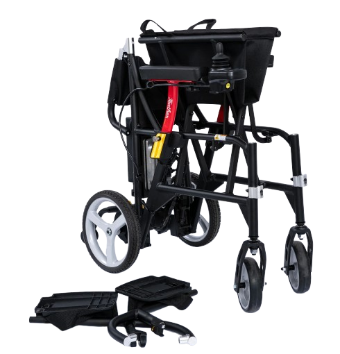 Side View Of The Feather Electric Wheelchair In The Folded Position With Leg Rests On The Ground