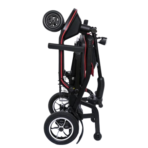 Side View Of The Feather Mobility Scooter Standing Up In The Folded Position
