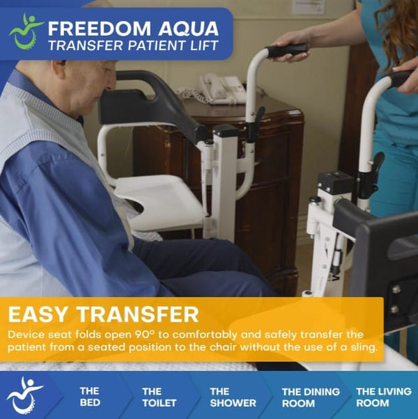 Side View Of The Freedom Aqua Shower Patient Transfer Lift Highlighting Its Easy Transfer Capabilities Showing Elderly Man Sitting On Bed With Caregiver Assisting Him