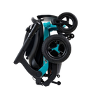 Side View Of The Golden Technologies Ally Electric Wheelchair Shown In Teal Color And In The Folded Upright Position