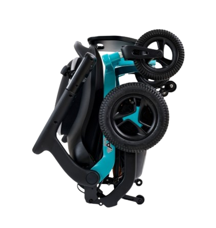 Side View Of The Golden Technologies Ally Electric Wheelchair Shown In Teal Color And In The Folded Upright Position