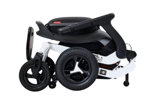 Side View Of The Golden Technologies Ally Electric Wheelchair Shown In White Color And In The Folded Position