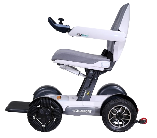 Side View Of The Golden Technologies Ally Sport Omnidirectional Electric Wheelchair Left Side Shown In White Color