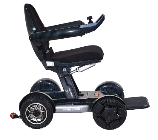 Side View Of The Golden Technologies Ally Sport Omnidirectional Electric Wheelchair Right Side Shown In Carbon Fiber Color