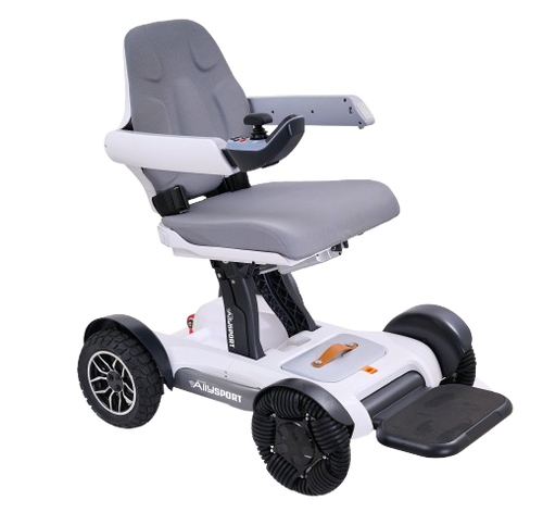 Side View Of The Golden Technologies Ally Sport Omnidirectional Electric Wheelchair Right Side Shown In White Color