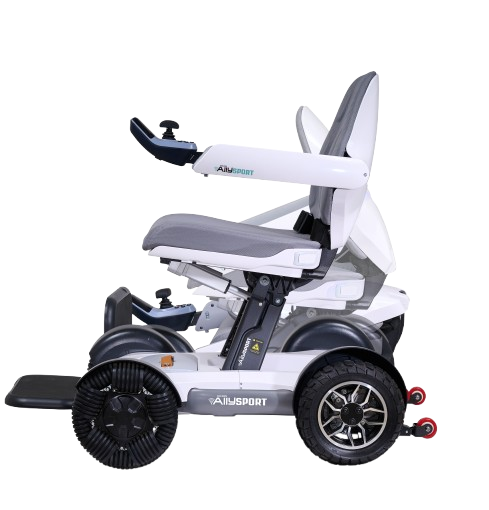 Side View Of The Golden Technologies Ally Sport Omnidirectional Electric Wheelchair Shown In White Color Demonstrating Its Folding Capability
