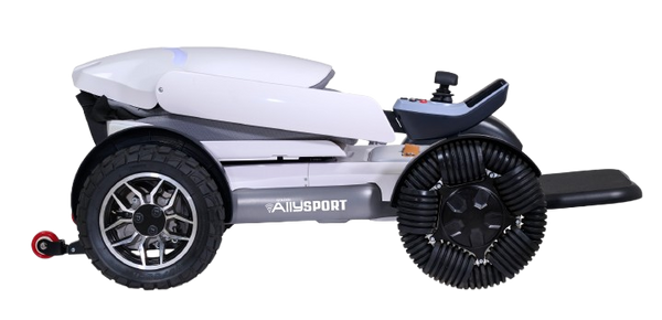 Side View Of The Golden Technologies Ally Sport Omnidirectional Electric Wheelchair Shown In White Color In The Folded Position