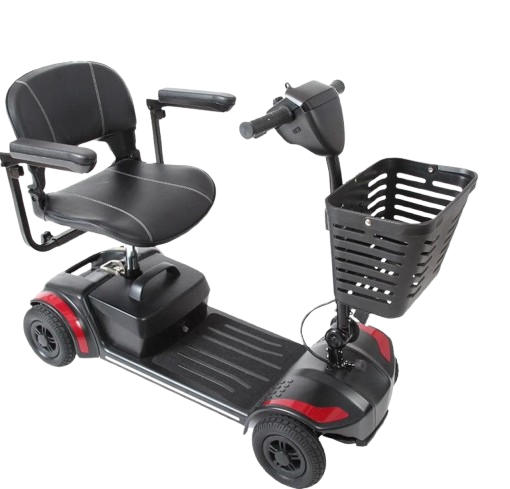 Side View Of The Journey Adventure Mobility Scooter Shown In Forward Facing Seat Position In Red Color