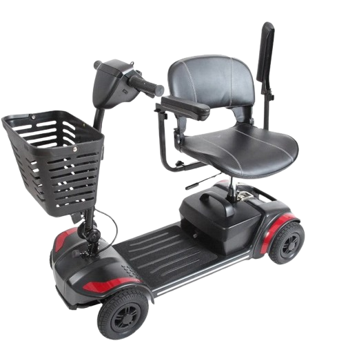 Side View Of The Journey Adventure Mobility Scooter Shown In Rotated Seat Position In Red Color