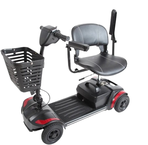 Side View Of The Journey Adventure Mobility Scooter Shown In Rotated Seat Position In Red Color