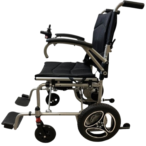 Side View Of The Journey Air Lightweight Electric Wheelchair Showing The Left Side And The Anti Tip Safety Wheels